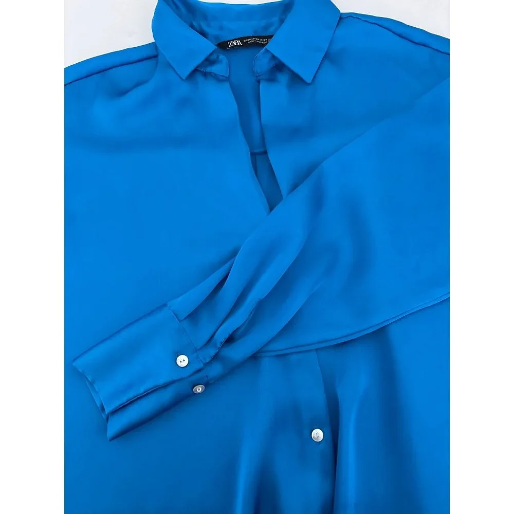 Zara Button Down Blouse Size XSmall Cobalt Blue Satin Corporate Core Polished - Picture 16 of 16